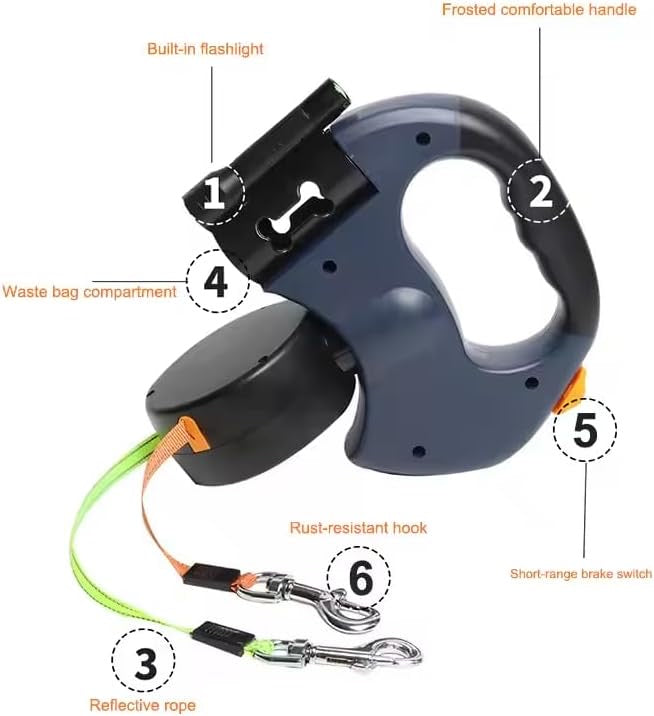 Reflective Retractable Dual Dog Leash With Light