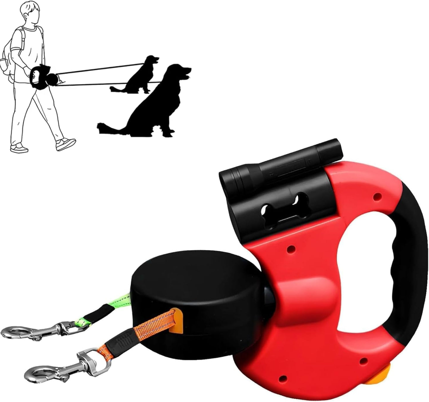 Reflective Retractable Dual Dog Leash With Light