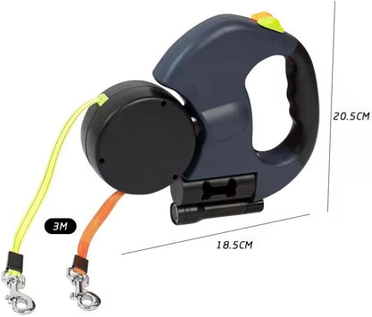 Reflective Retractable Dual Dog Leash With Light
